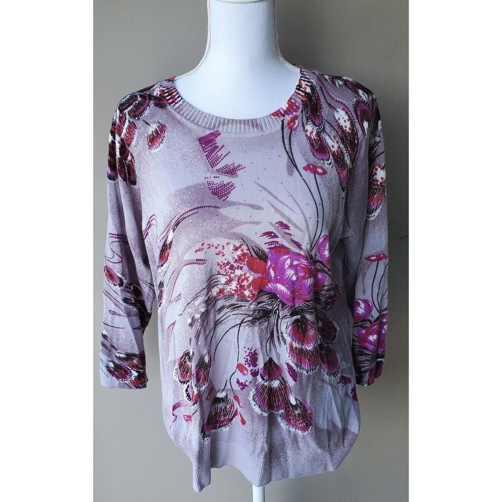 CD Petites Womens PXL Purple Floral Feather Rhinestone‎ 3/4 Sleeve Knit Sweater
